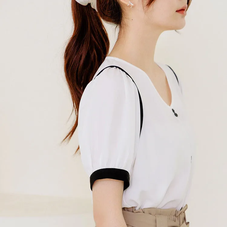 Casual V-Neck Wrinkle Free Contrast Button Blouse Top