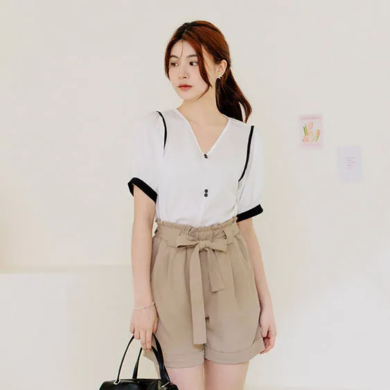 Casual V-Neck Wrinkle Free Contrast Button Blouse Top