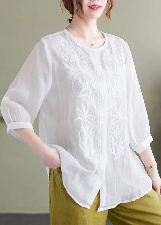 Casual White Embroideried Oversized Linen Shirt Summer LY7321
