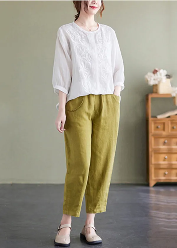 Casual White Embroideried Oversized Linen Shirt Summer LY7321