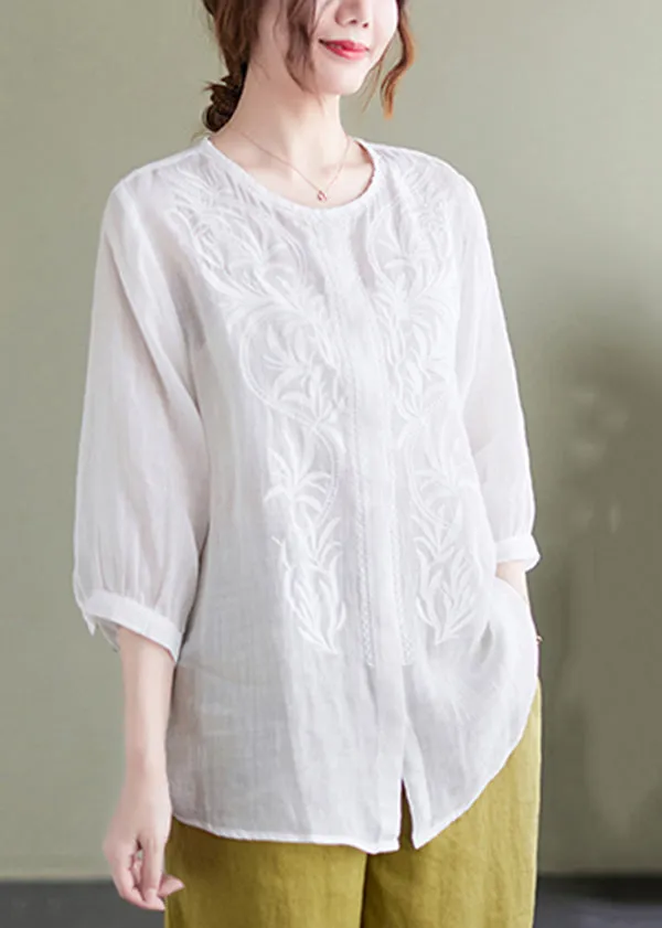 Casual White Embroideried Oversized Linen Shirt Summer LY7321