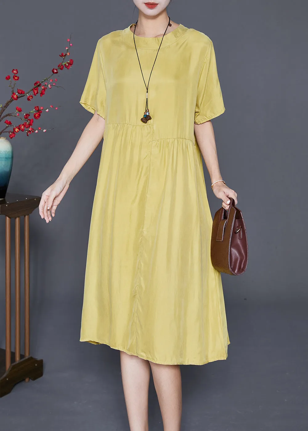 Casual Yellow Oversized Patchwork Wrinkled Silk Dresses Summer LY7677