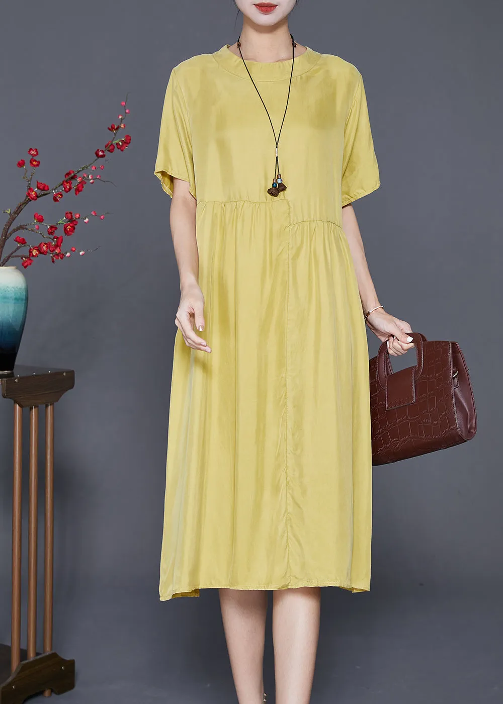 Casual Yellow Oversized Patchwork Wrinkled Silk Dresses Summer LY7677