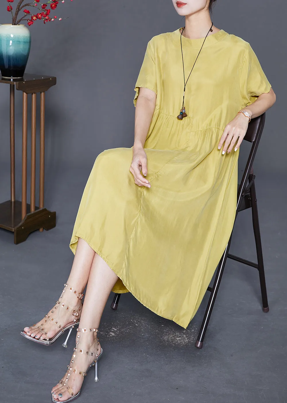 Casual Yellow Oversized Patchwork Wrinkled Silk Dresses Summer LY7677