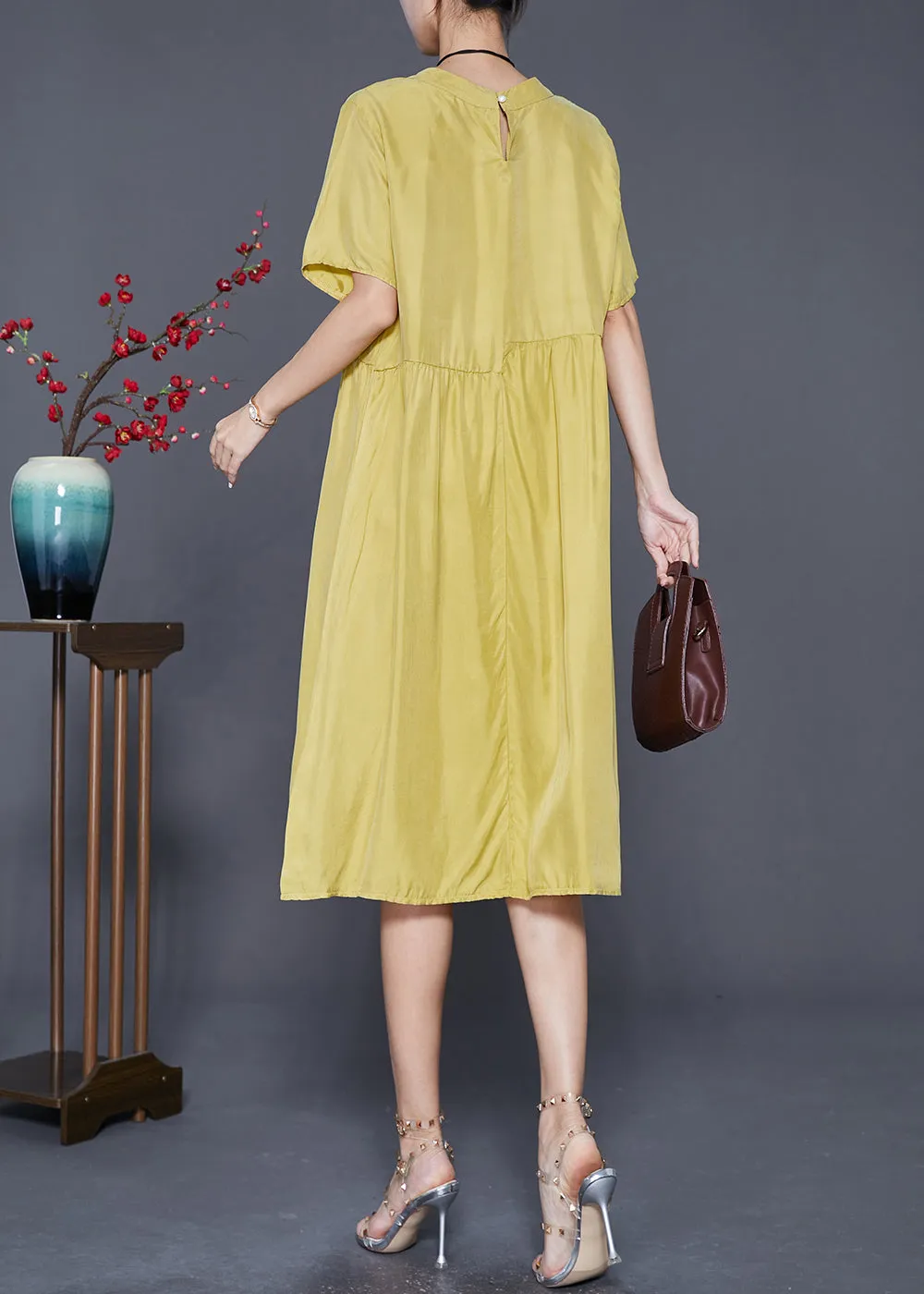 Casual Yellow Oversized Patchwork Wrinkled Silk Dresses Summer LY7677