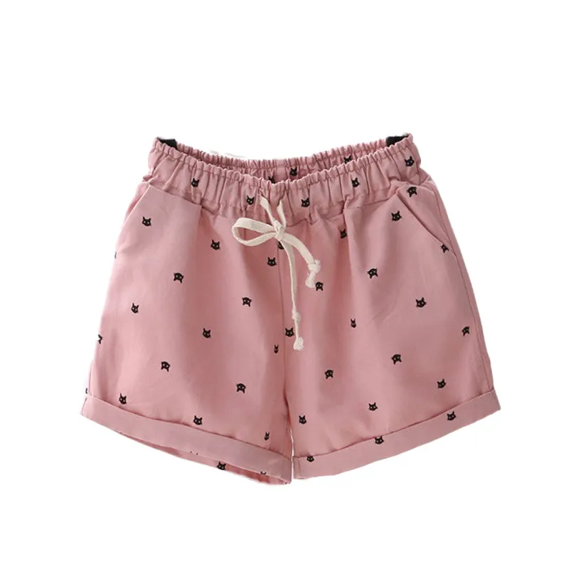 Cats Pattern High Waist Elastic Cotton Short