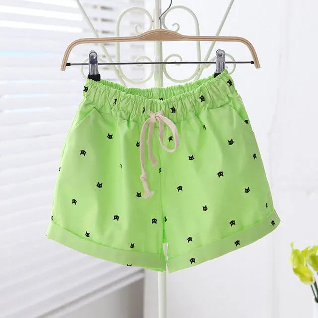 Cats Pattern High Waist Elastic Cotton Short