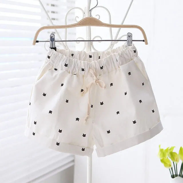 Cats Pattern High Waist Elastic Cotton Short