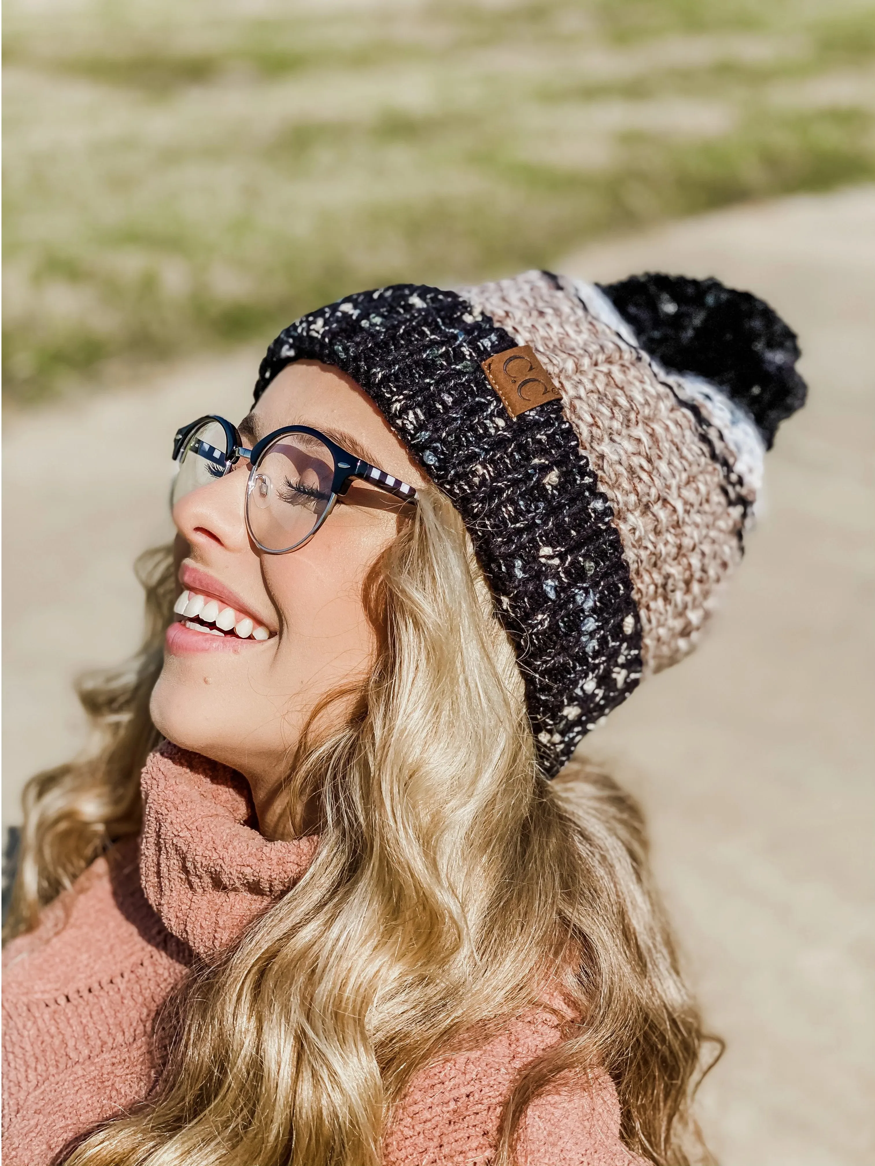 CC Beanie Lined Tri-Color Flecked Pom