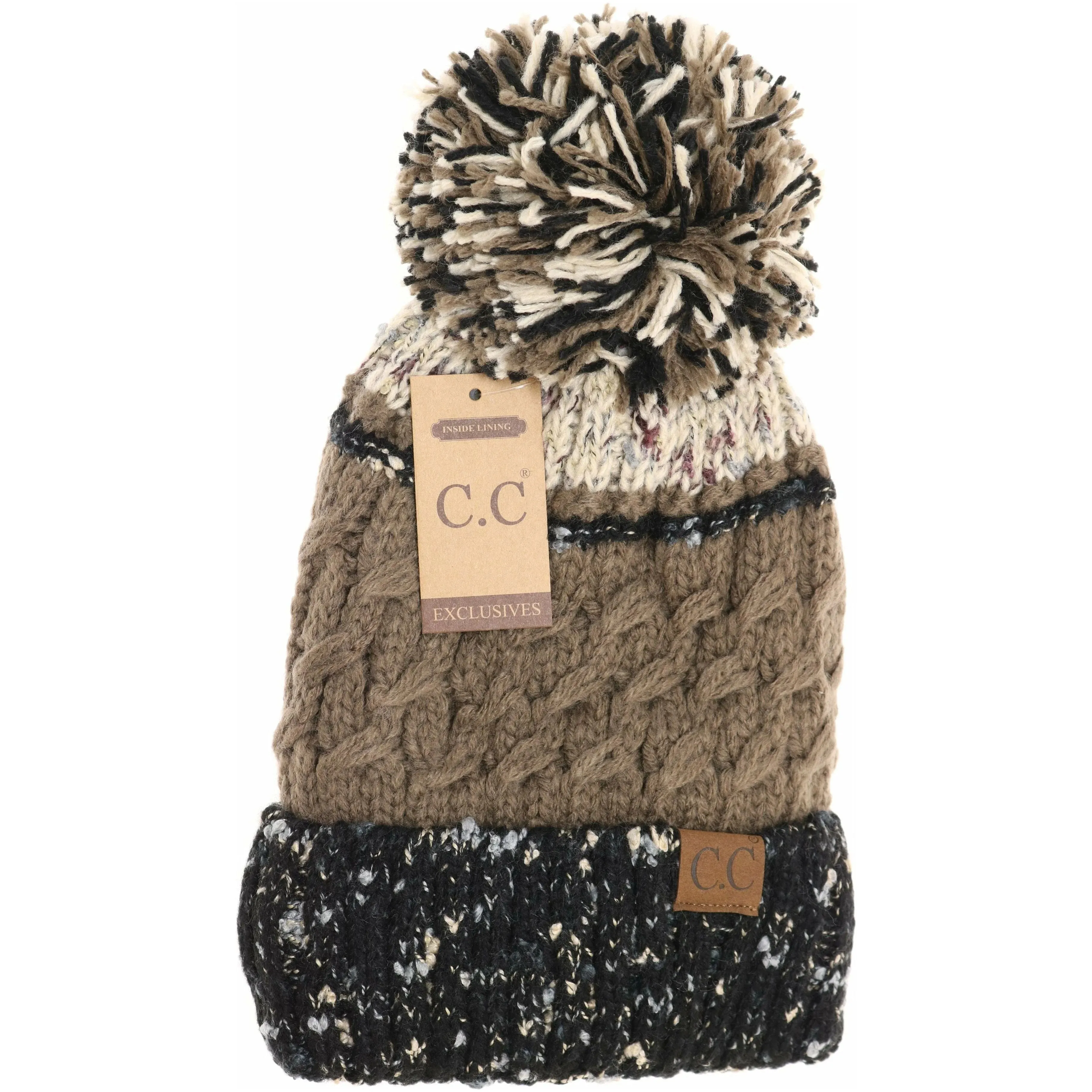 CC Beanie Lined Tri-Color Flecked Pom