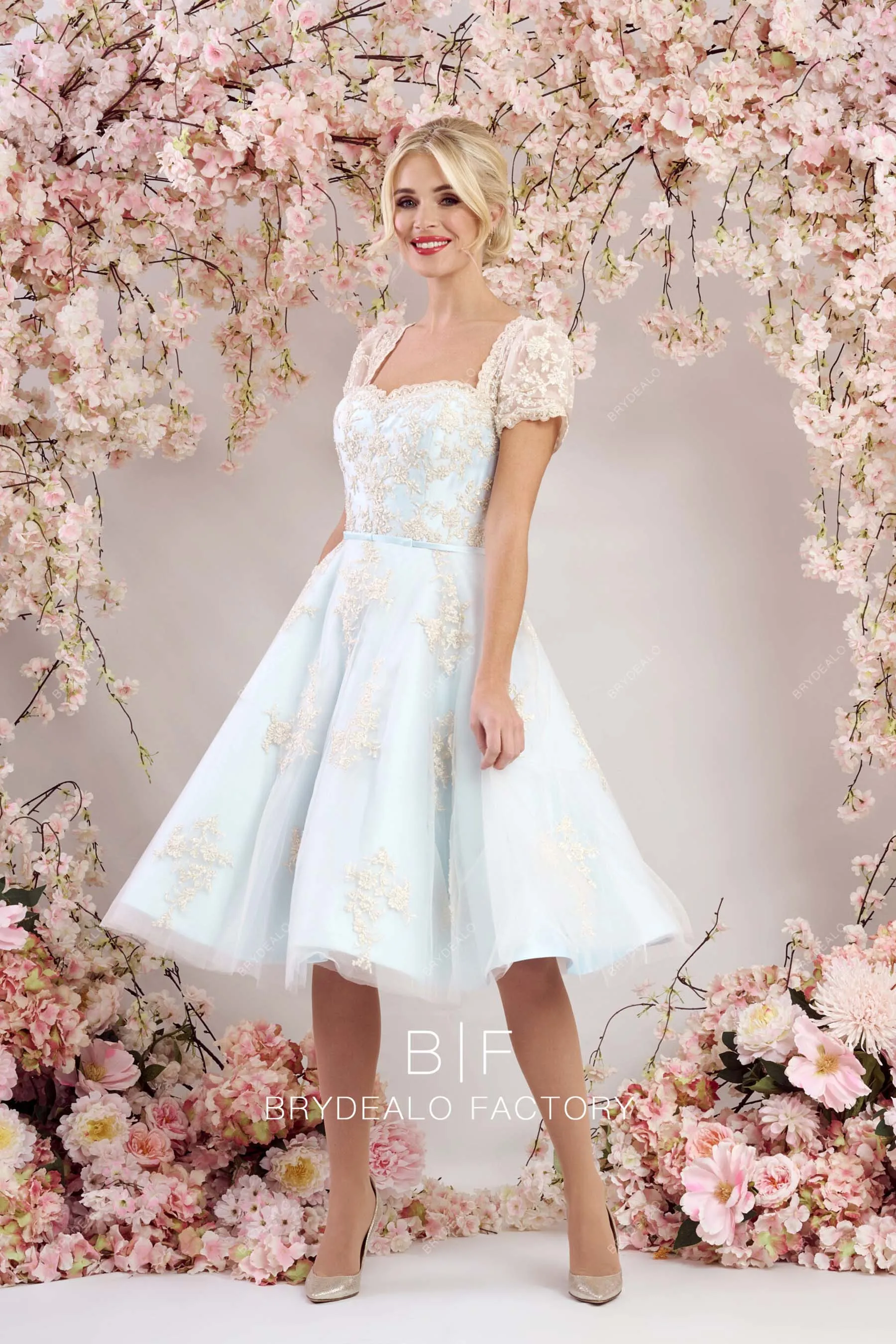 Champagne Lace Queen Anne Tea Length Vintage Blue Wedding Gown