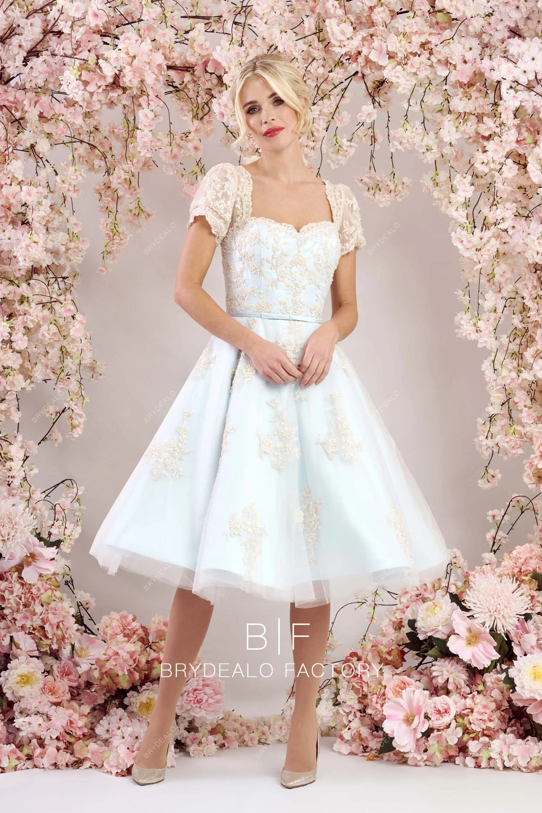 Champagne Lace Queen Anne Tea Length Vintage Blue Wedding Gown