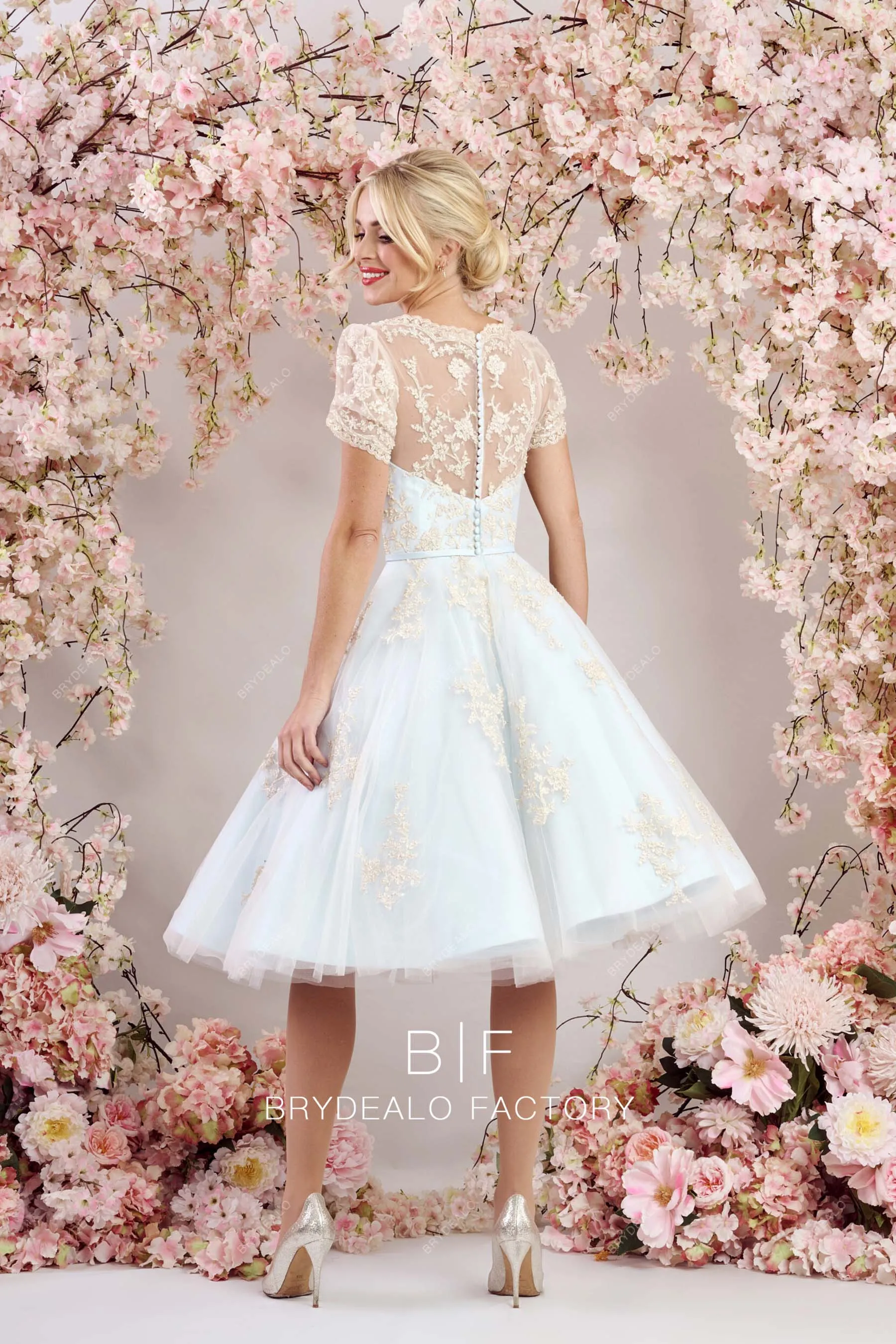 Champagne Lace Queen Anne Tea Length Vintage Blue Wedding Gown