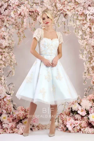 Champagne Lace Queen Anne Tea Length Vintage Blue Wedding Gown
