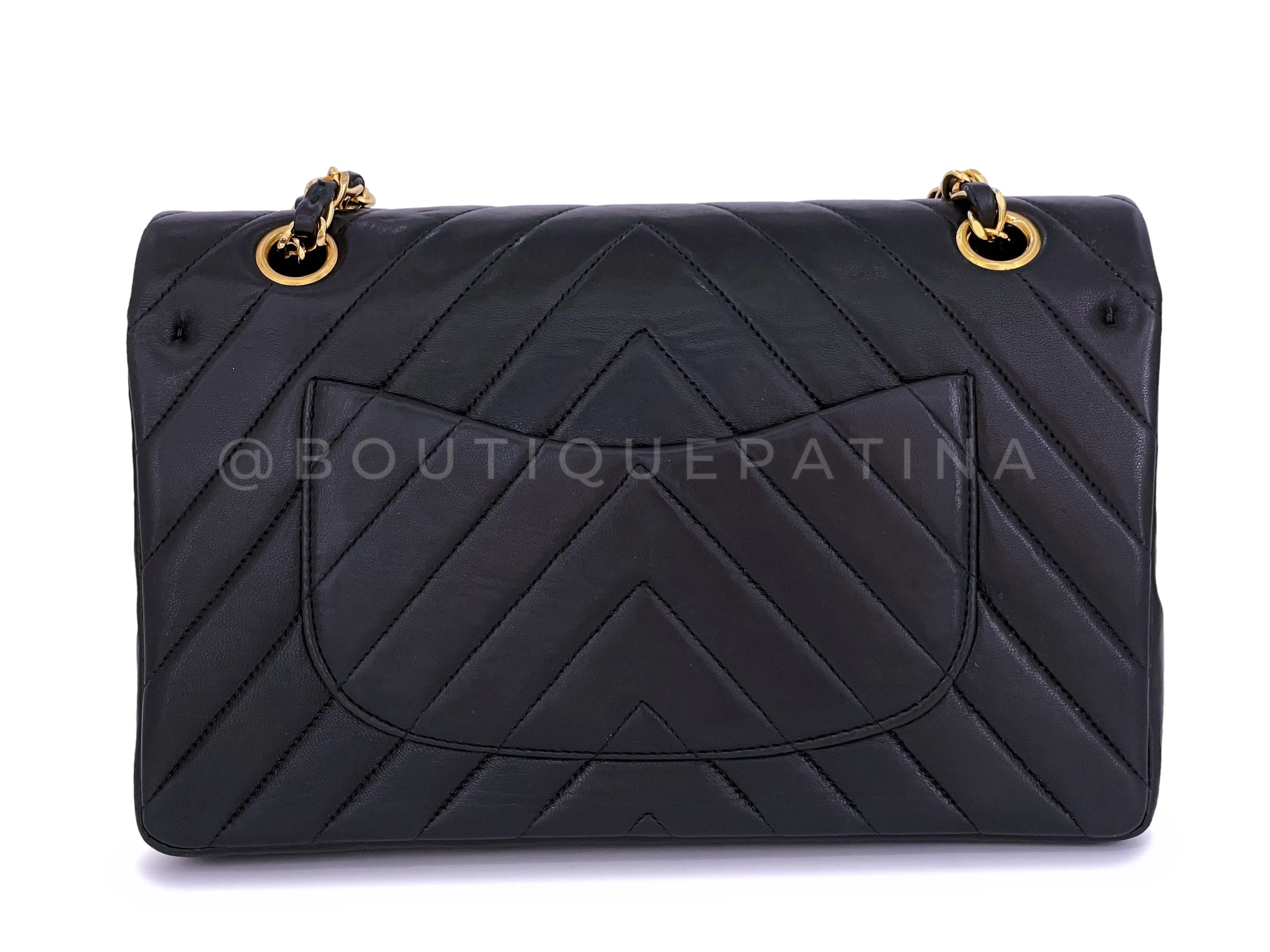 Chanel 1991 Vintage Medium Black Chevron Classic Double Flap Bag 24k GHW Lambskin