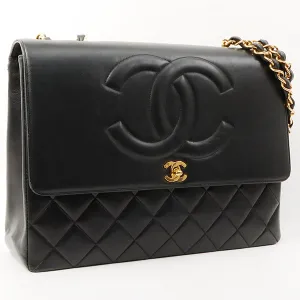 Chanel Around 1992 Made Big Cc Mark Stitch Turn-Lock Chain Bag Black