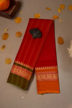 chettinad cotton saree - vibrant red & golden peacocks border