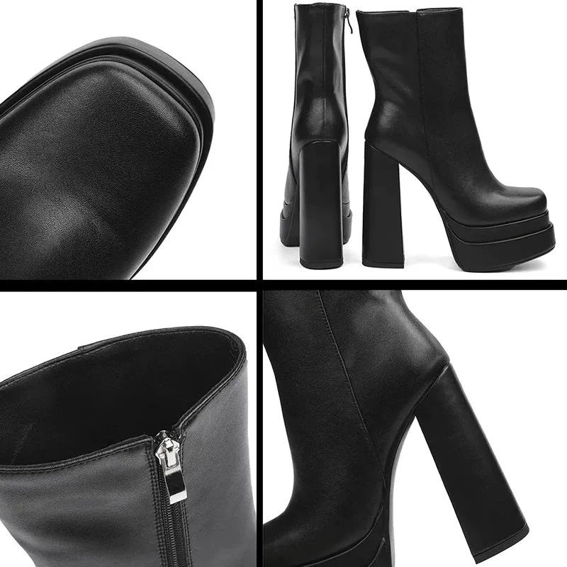 Chic and Trendy Chunky Square High Heel Zippered Ankle Boots for Women