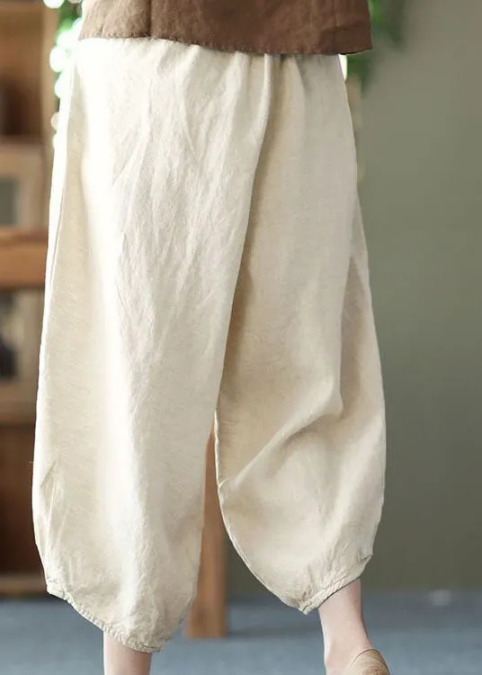Chic Beige Pockets Wrinkled Patchwork Linen Harem Pants Summer LY0592