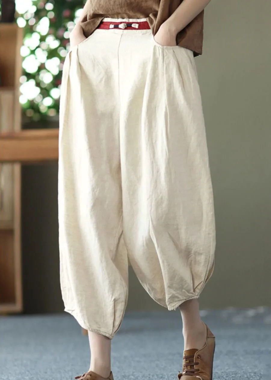 Chic Beige Pockets Wrinkled Patchwork Linen Harem Pants Summer LY0592
