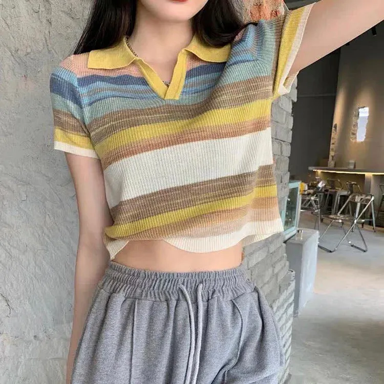 Chic Collar Rainbow Striped Colorblock Lapel Short Sleeve T-Shirt