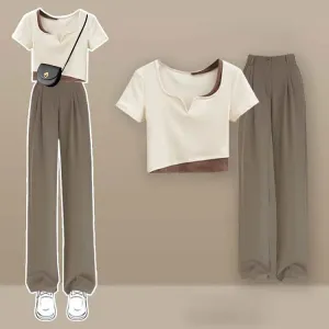 Chic Colorblock Crop Top T-Shirt Casual Pants Two Piece Set