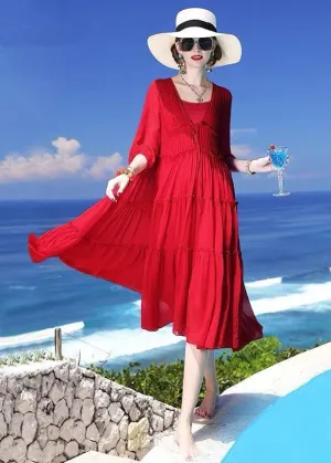 Chic Red Patchwork Silk Two Pieces Set Beach Holiday Dress Summer LC0249