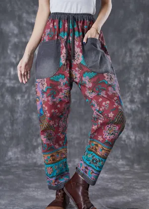 Chic Red Print Elastic Waist Patchwork Pockets Cotton Harem Pants Fall ML3015