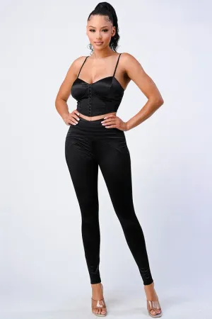 CHIC SATIN CROPPED CORSET CAMI AND PANTS SET