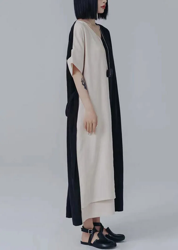 Chic V Neck Asymmetrical Patchwork Tie Waist Long Dresses Summer LY2995