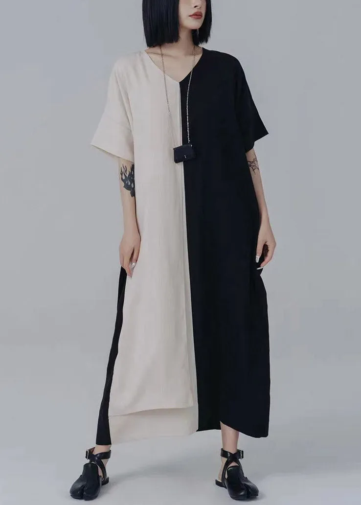 Chic V Neck Asymmetrical Patchwork Tie Waist Long Dresses Summer LY2995