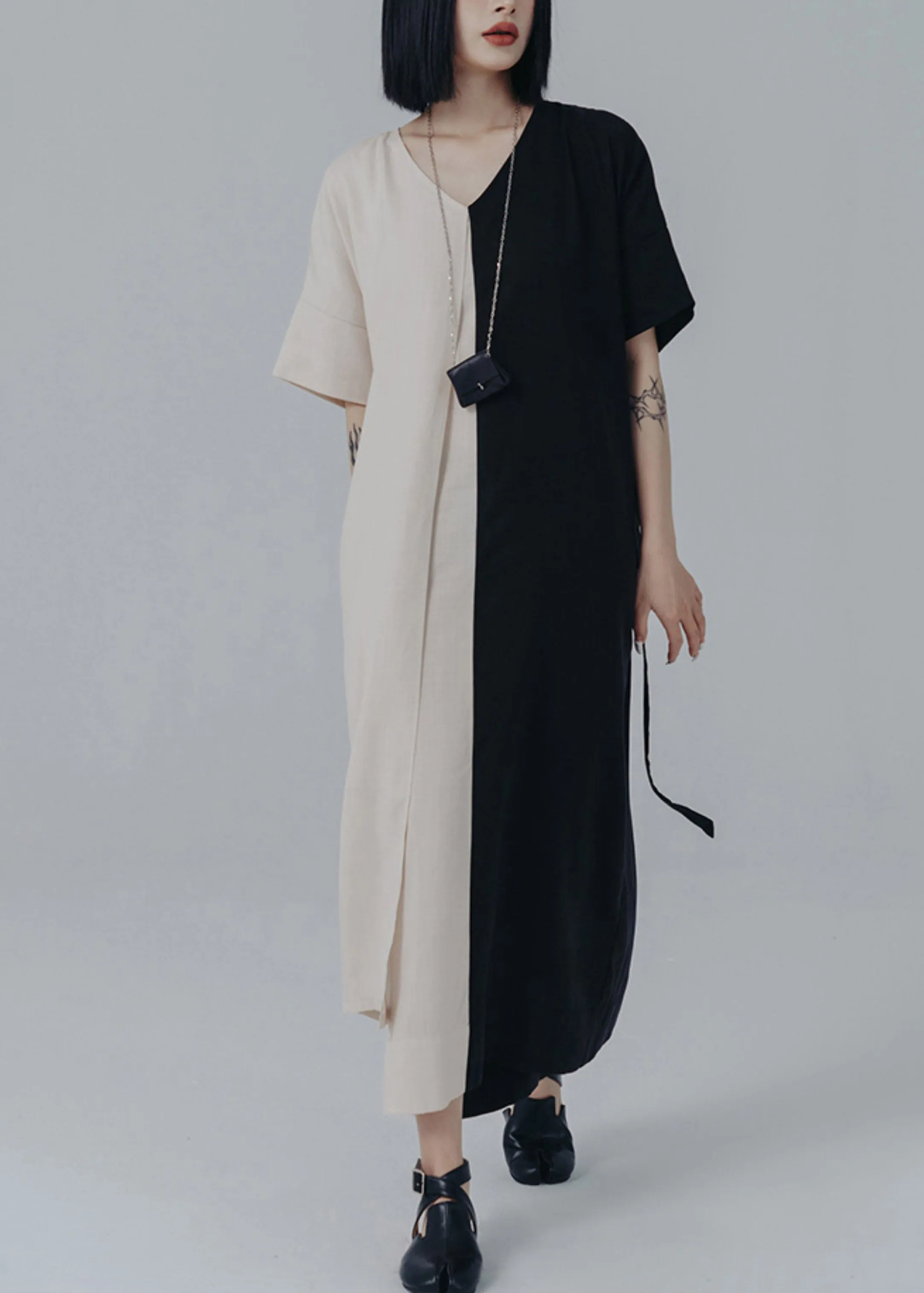Chic V Neck Asymmetrical Patchwork Tie Waist Long Dresses Summer LY2995