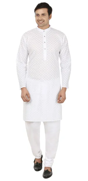 Chikan Embroidered Cotton Men's Kurta Pajama Indian Clothes (White)