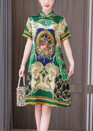 Chinese Style Green Print Mandarin Collar Silk A Line Dress Summer LY1682