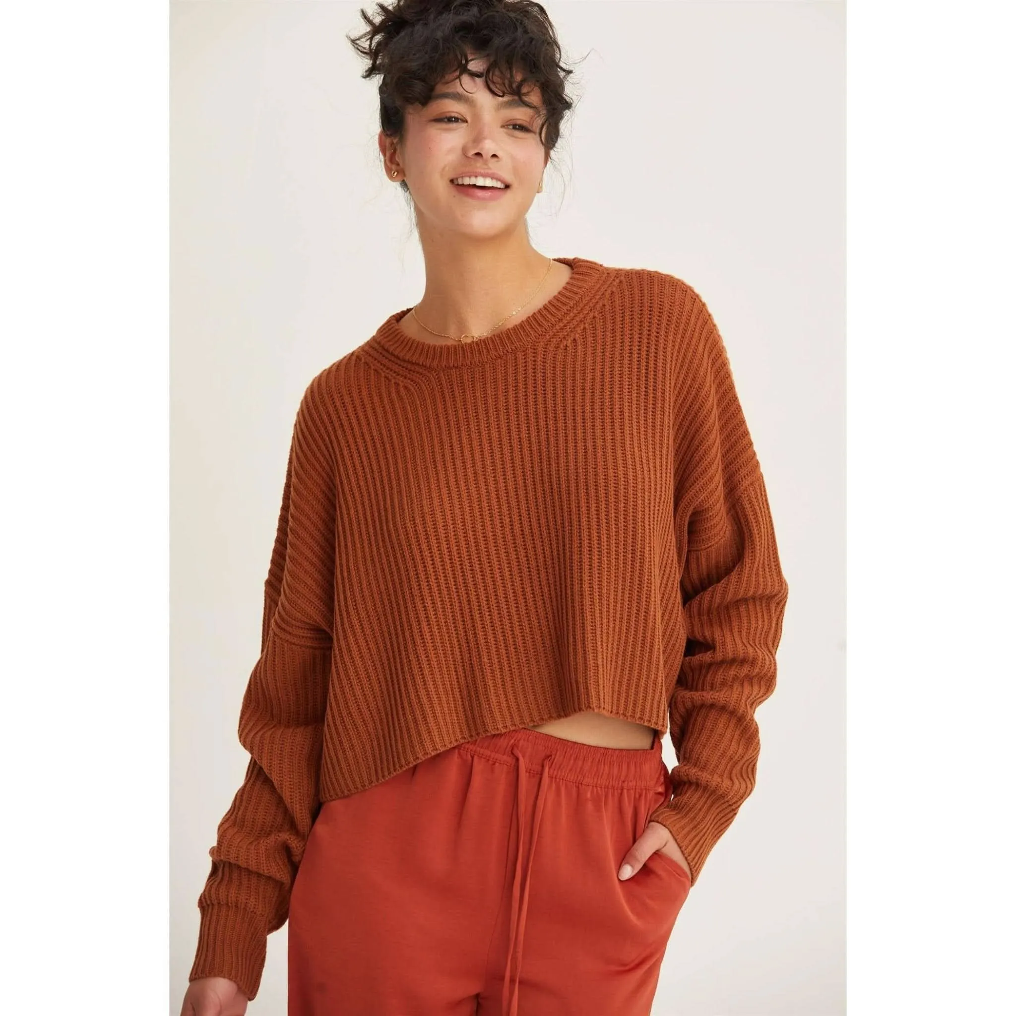 Chocolate Crew Neck Cropped Knit Sweater