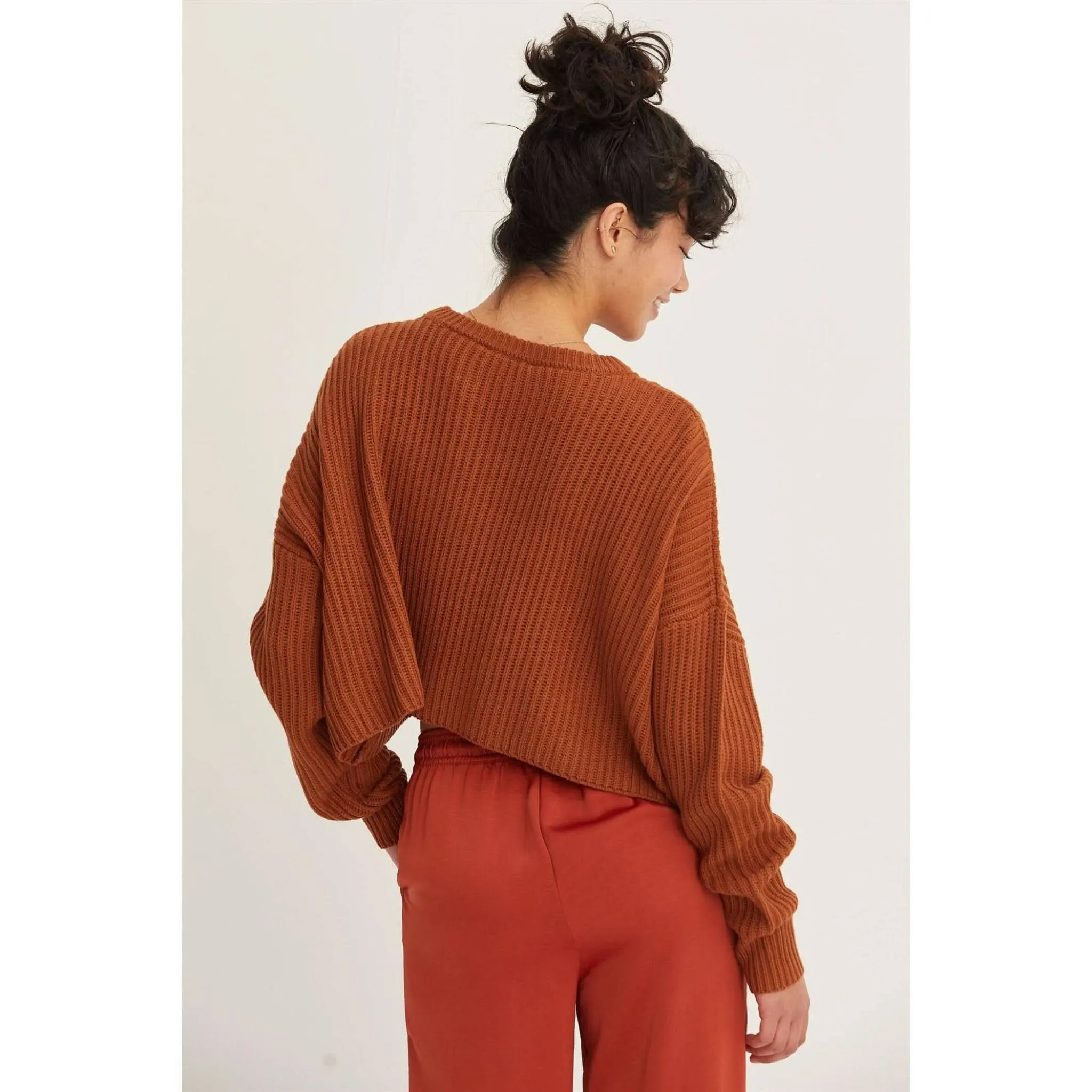 Chocolate Crew Neck Cropped Knit Sweater