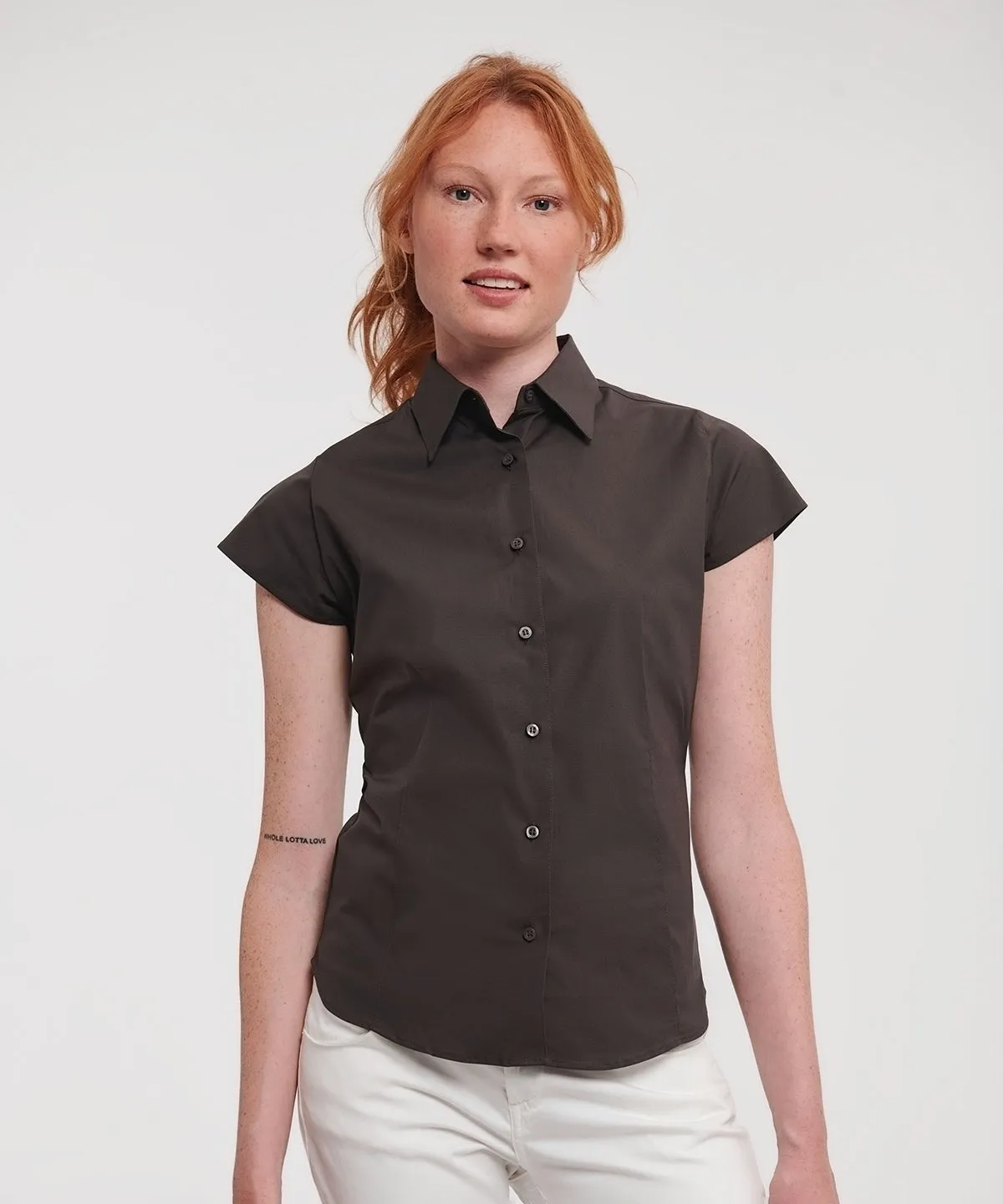 Chocolate - Women's short sleeve easycare fitted stretch shirt