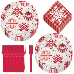 Christmas Holiday Party Supplies - Snowflake Paper Plates, Napkins, and Forks (Serves 16)