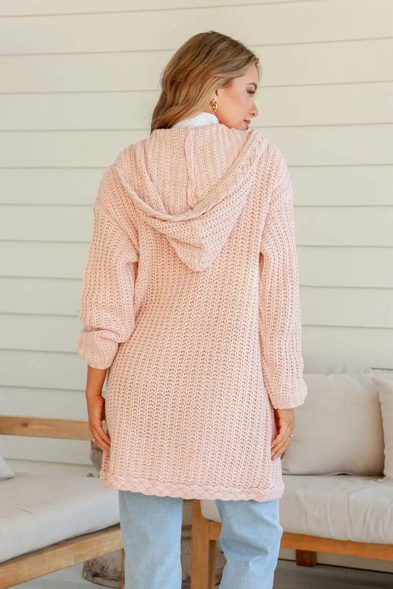 Chunky Plait Pale Pink Wool Blend Hooded Cardigan