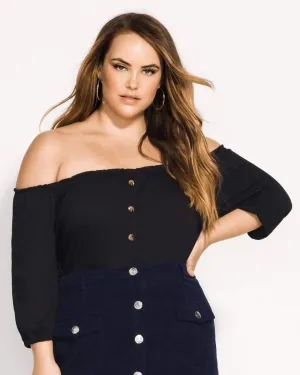 City Chic Women's Trendy Plus Off the Shoulder Button Top Black Size 24W | Black