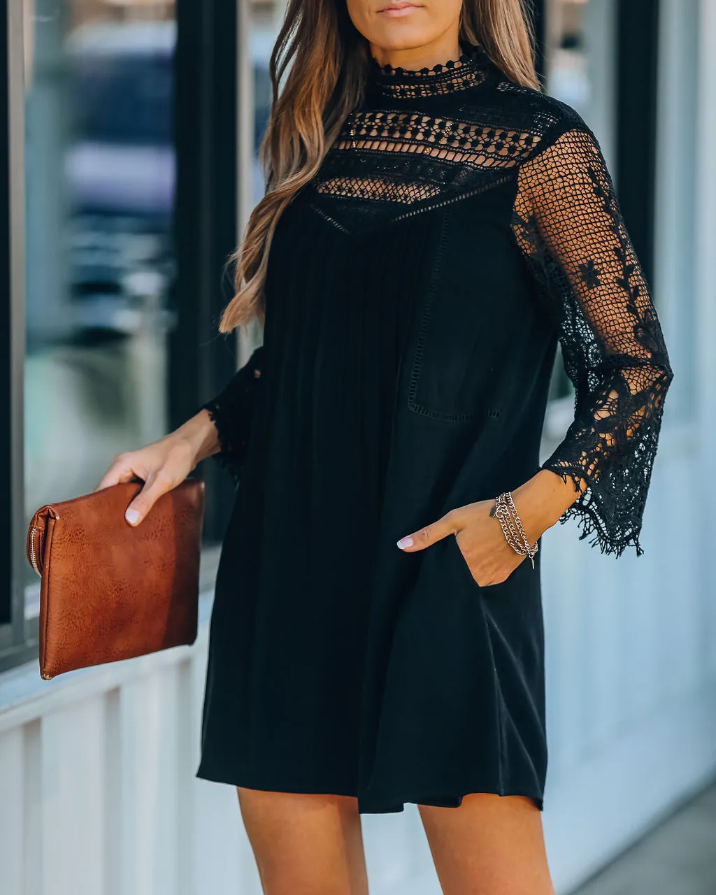 City Of Love Pocketed Crochet Lace Dress - Black