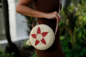 Clamshell Flower Round Straw Crossbody Bag