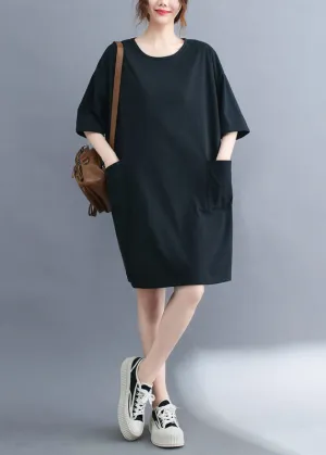 Classy Black Oversized Pockets Cotton Mid Dress Summer LY7315