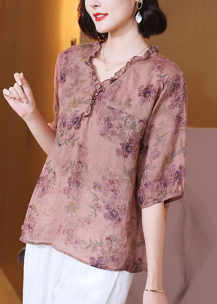 Classy Pink V Neck Ruffled Print Patchwork Linen Shirt Top Summer TP1053