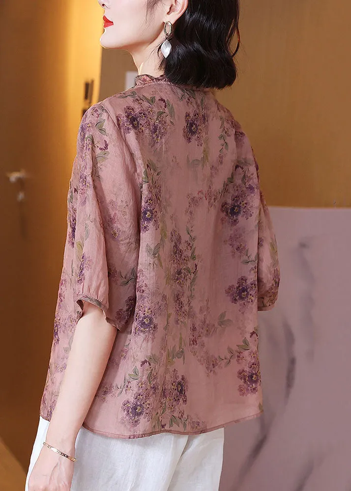 Classy Pink V Neck Ruffled Print Patchwork Linen Shirt Top Summer TP1053