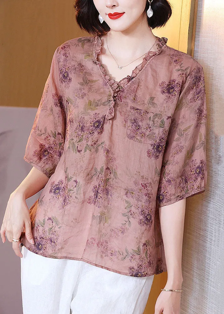 Classy Pink V Neck Ruffled Print Patchwork Linen Shirt Top Summer TP1053
