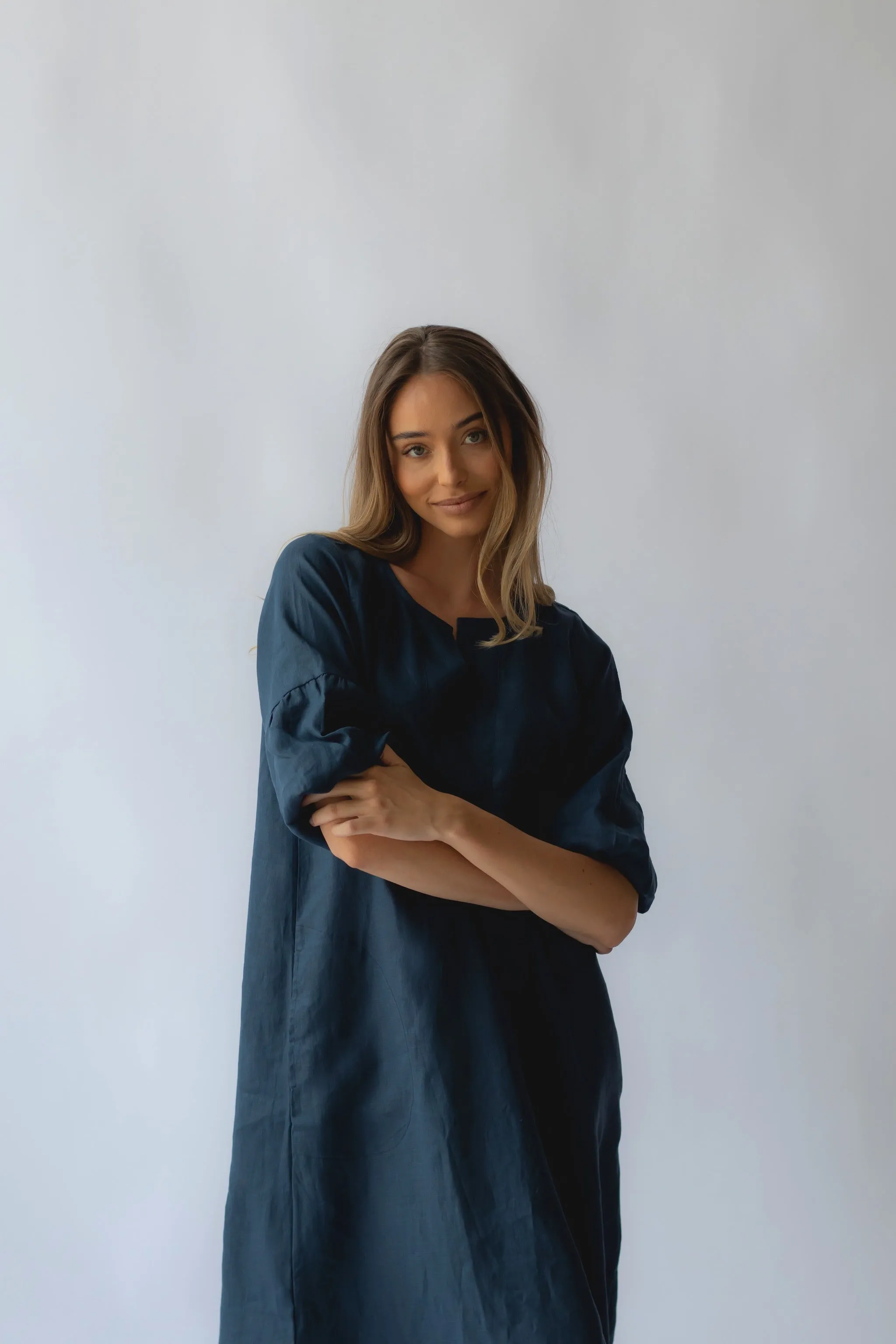 Claudette Linen Dress Navy