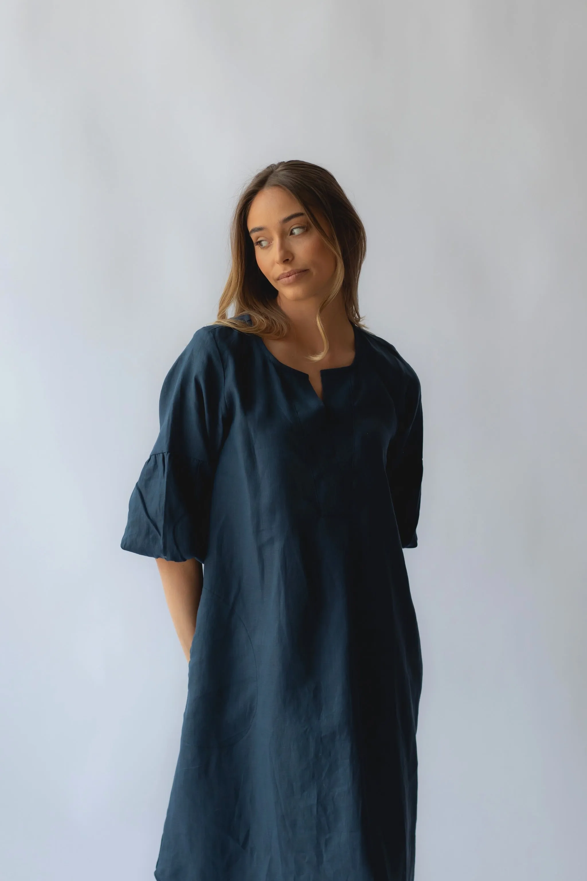 Claudette Linen Dress Navy