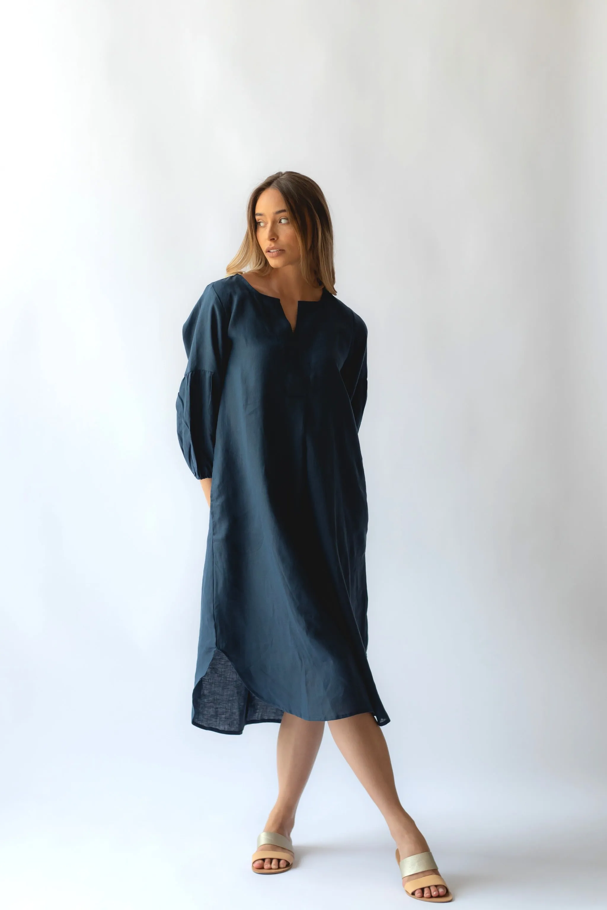 Claudette Linen Dress Navy