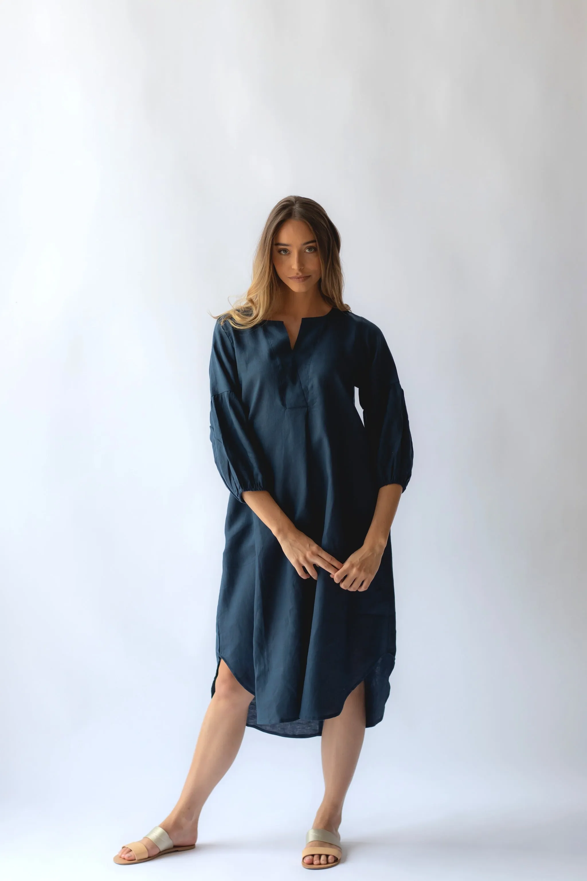 Claudette Linen Dress Navy
